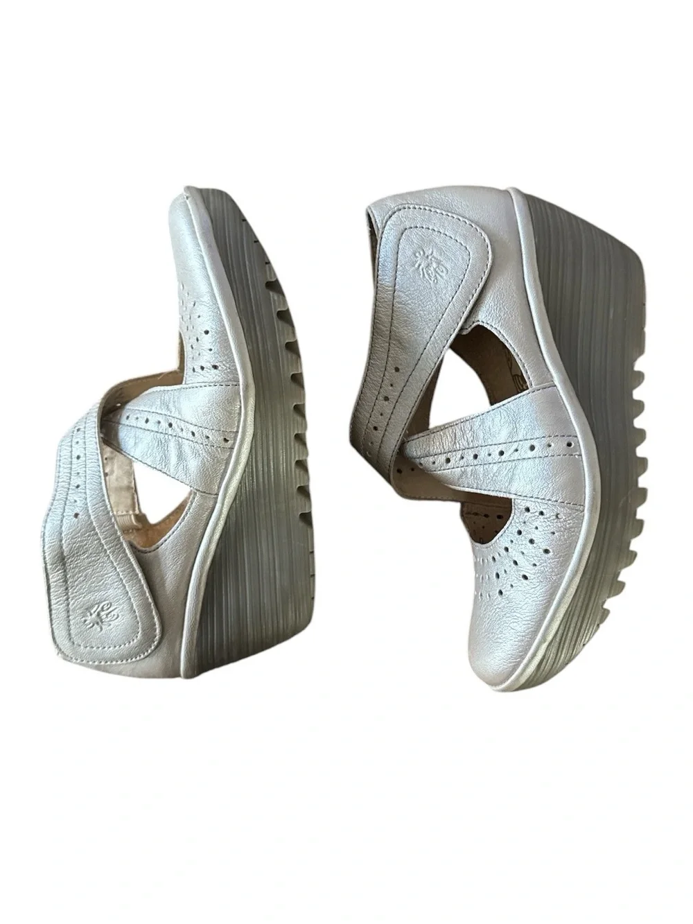 FLY London Yepe Metallic Champagne Wedge Crisscross Mary Jane Shoes Size EU 38